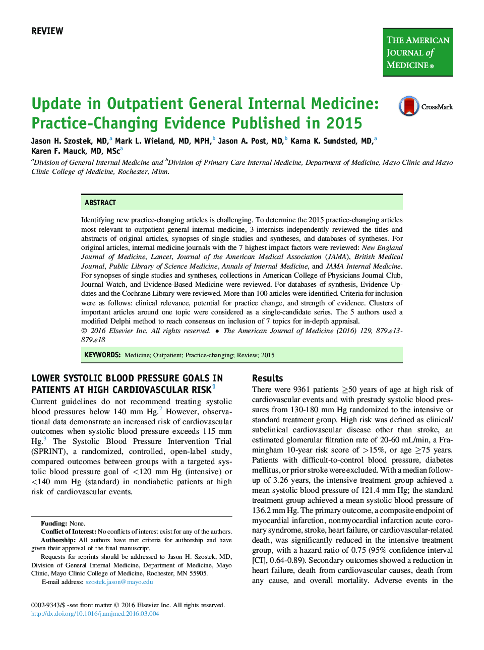 AJM onlineReviewUpdate in Outpatient General Internal Medicine: Practice-Changing Evidence Published in 2015