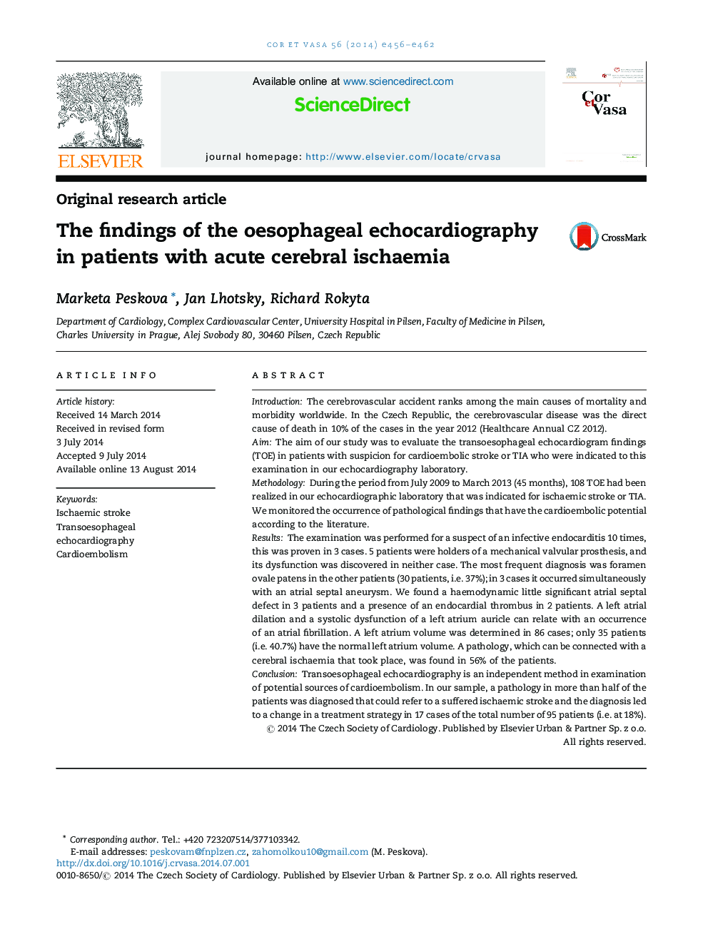 The findings of the oesophageal echocardiography in patients with acute cerebral ischaemia