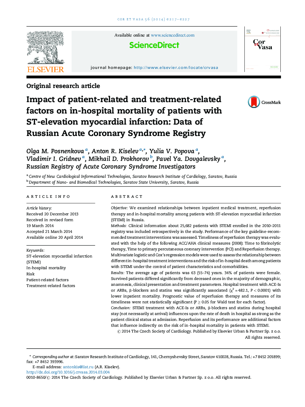 Original research articleImpact of patient-related and treatment-related factors on in-hospital mortality of patients with ST-elevation myocardial infarction: Data of Russian Acute Coronary Syndrome Registry