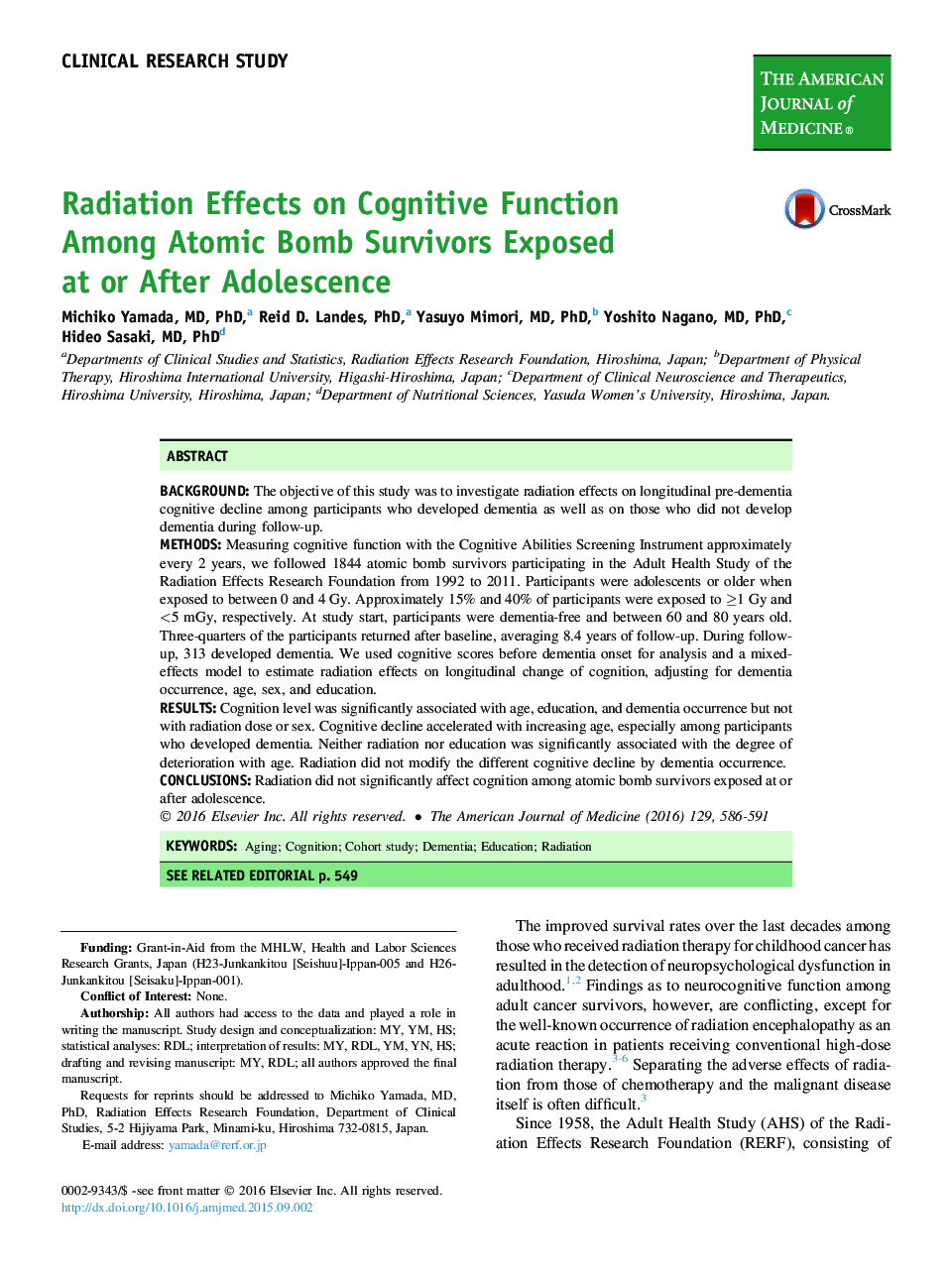 Radiation Effects on Cognitive Function Among Atomic Bomb Survivors Exposed at or After Adolescence