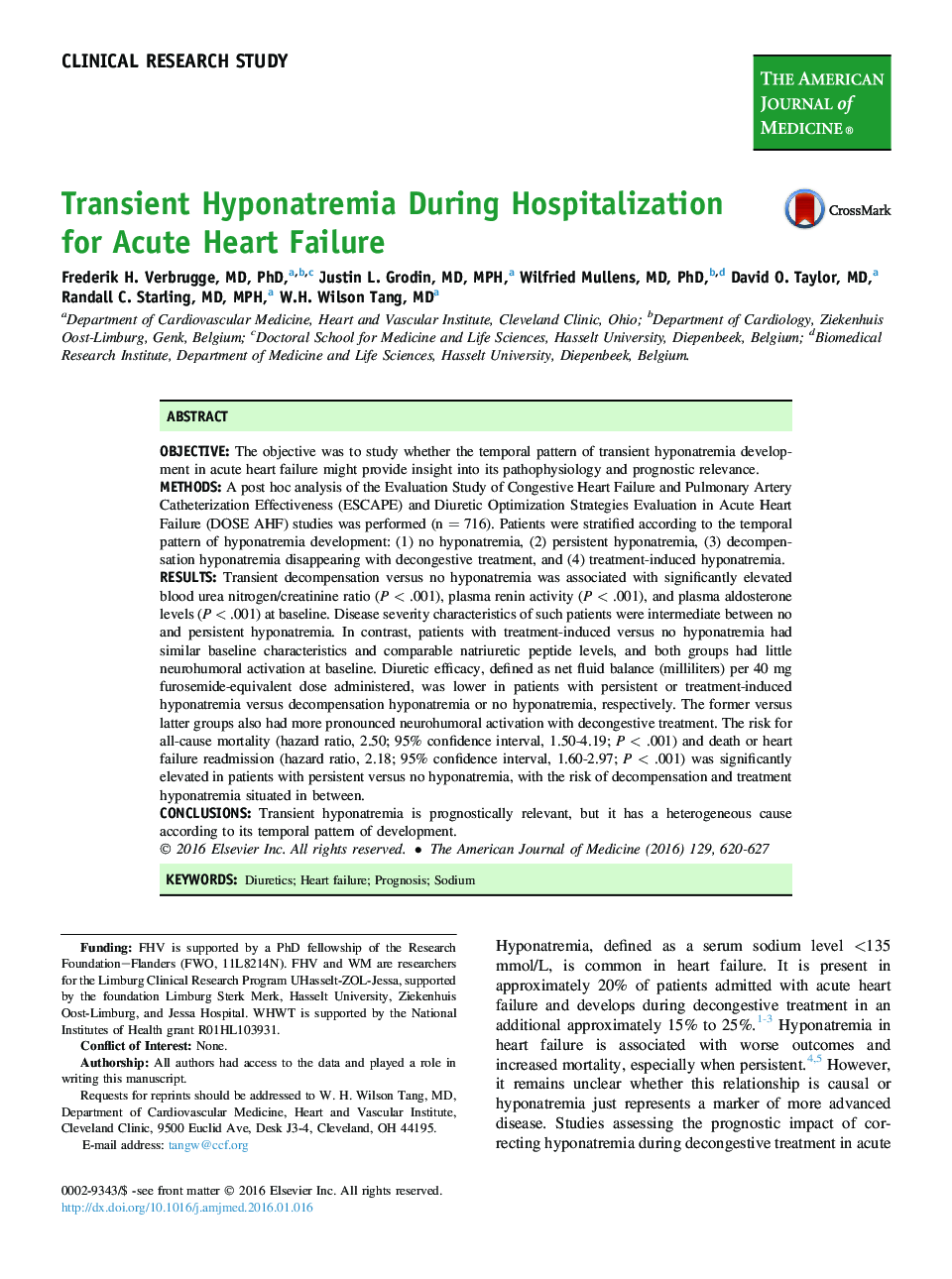 Clinical research studyTransient Hyponatremia During Hospitalization for Acute Heart Failure