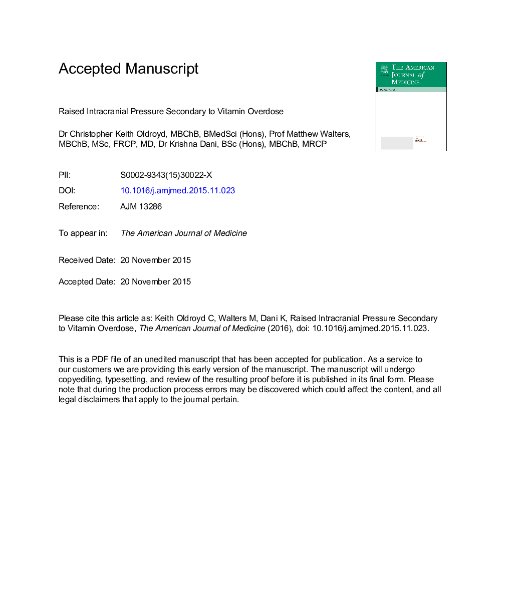 Raised Intracranial Pressure Secondary to Vitamin Overdose