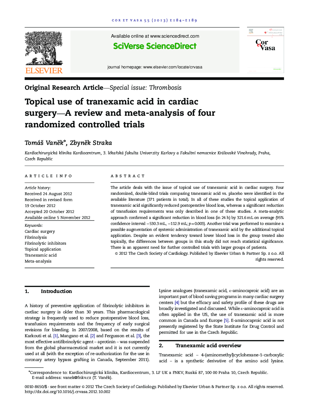 Topical use of tranexamic acid in cardiac surgery-A review and meta-analysis of four randomized controlled trials