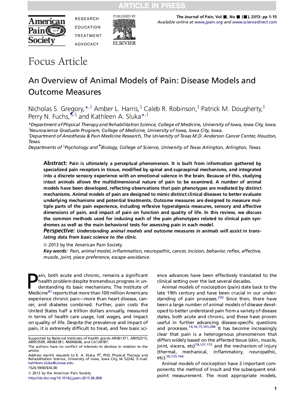 An Overview of Animal Models of Pain: Disease Models and Outcome Measures