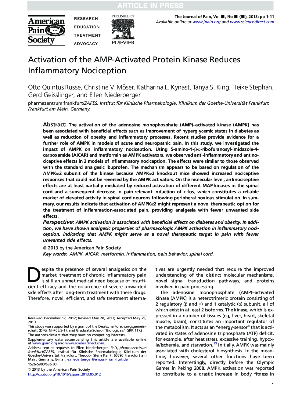 Activation of the AMP-Activated Protein Kinase Reduces Inflammatory Nociception