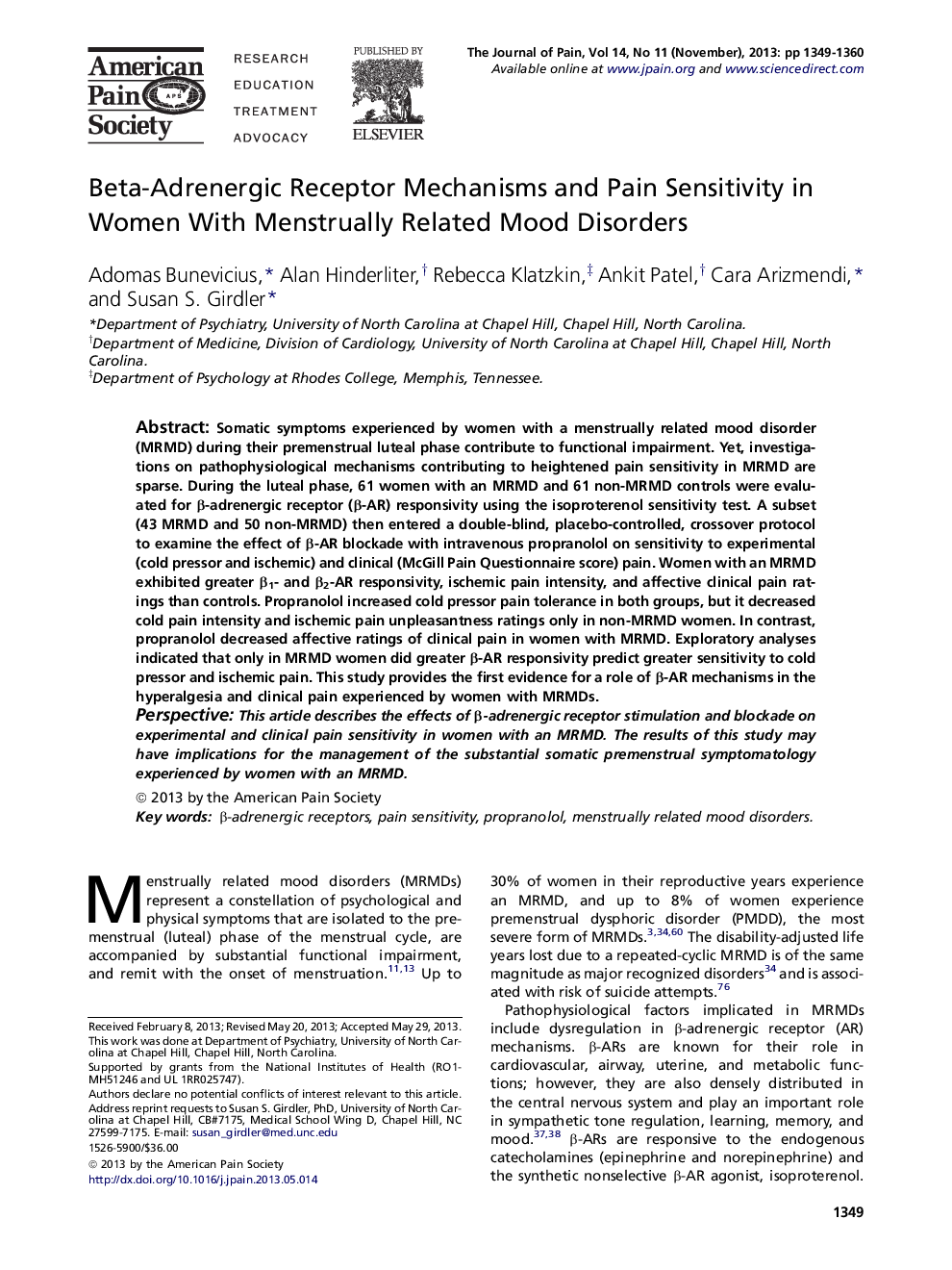 Beta-Adrenergic Receptor Mechanisms and Pain Sensitivity in Women With Menstrually Related Mood Disorders