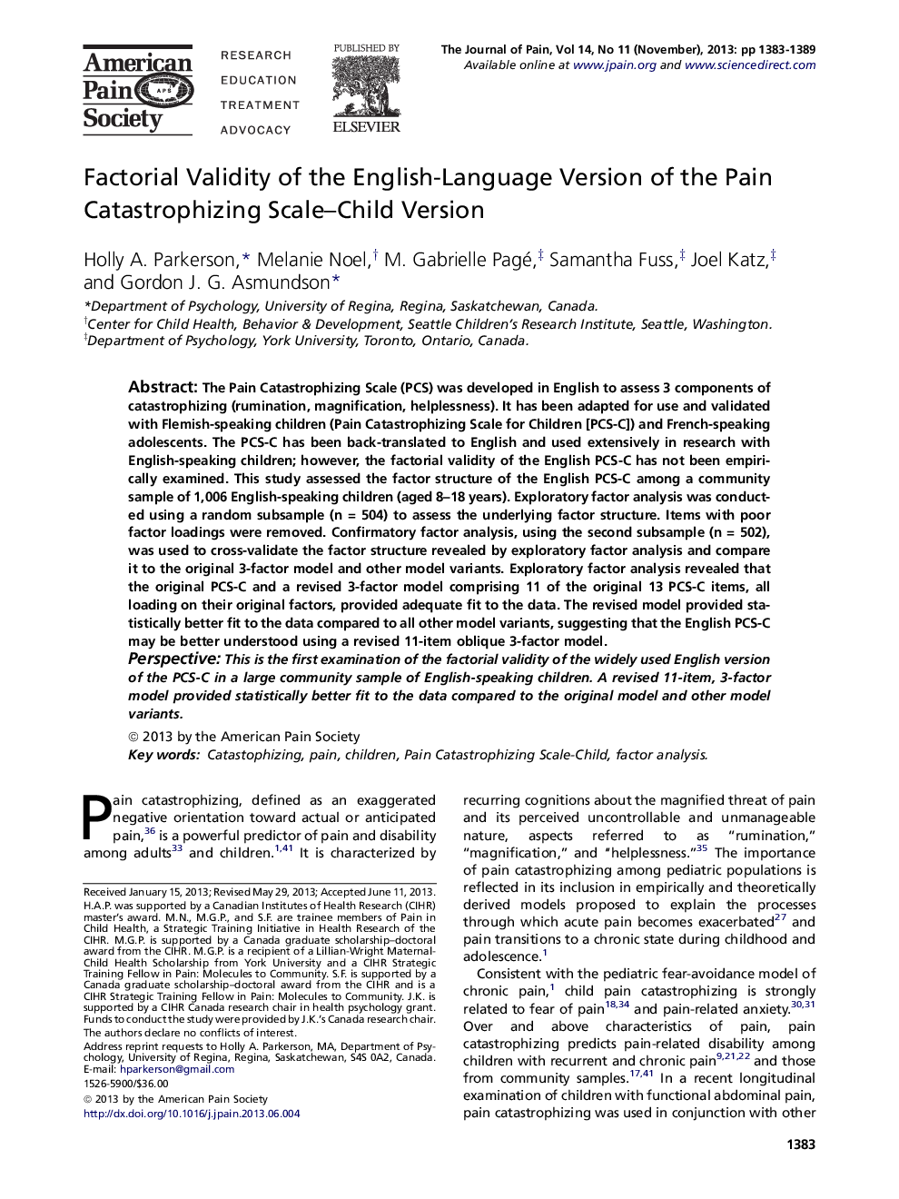 Factorial Validity of the English-Language Version of the Pain Catastrophizing Scale-Child Version