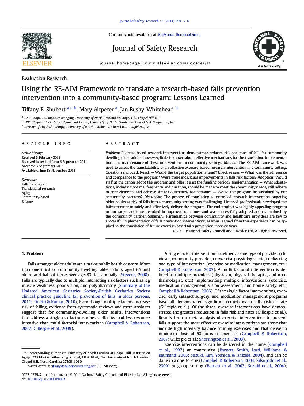 Using the RE-AIM Framework to translate a research-based falls prevention intervention into a community-based program: Lessons Learned