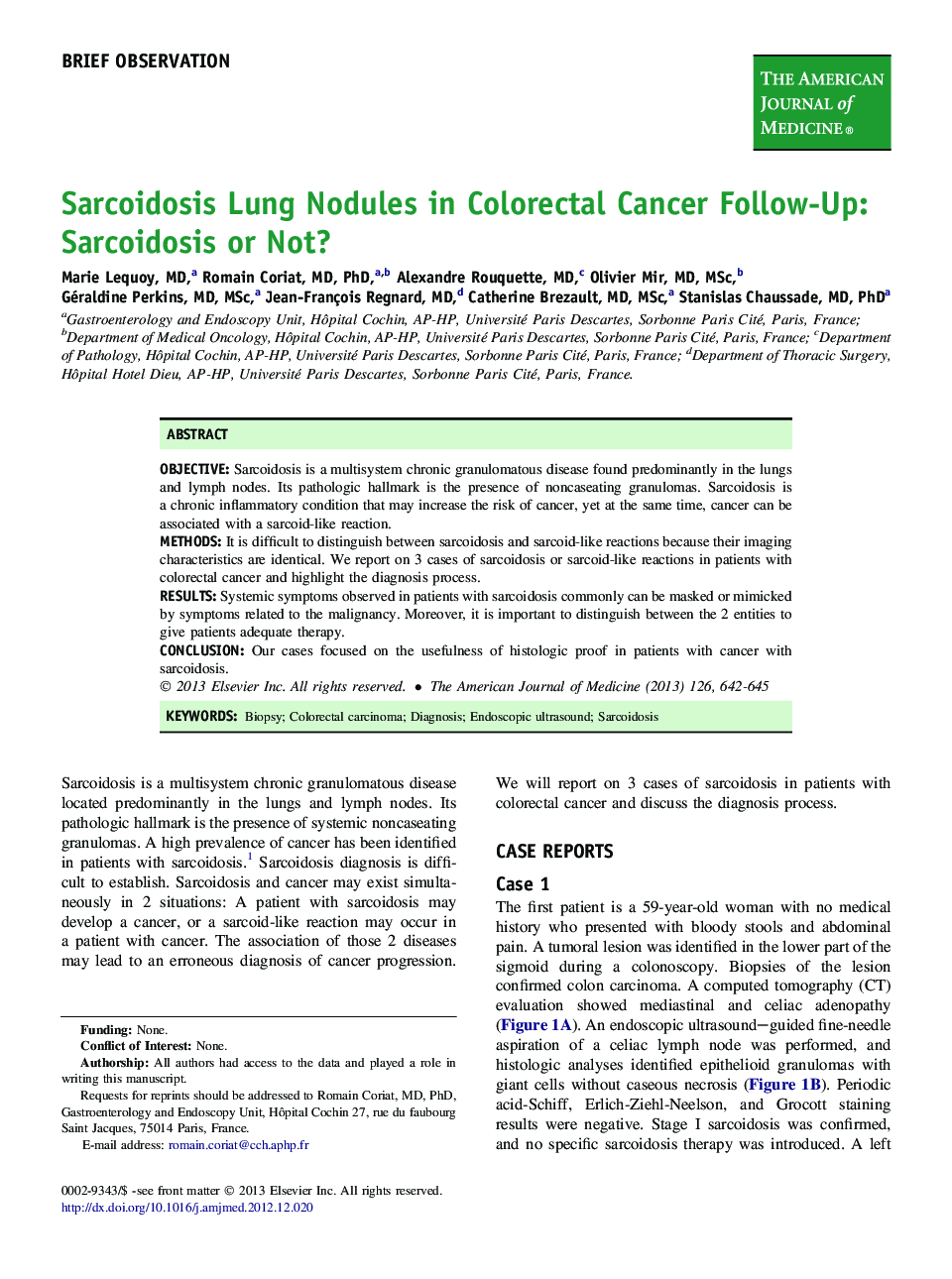 Brief observationSarcoidosis Lung Nodules in Colorectal Cancer Follow-Up: Sarcoidosis or Not?