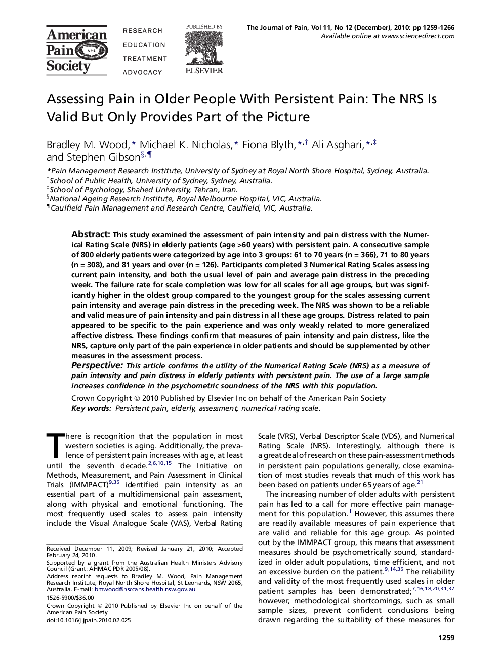 Assessing Pain in Older People With Persistent Pain: The NRS Is Valid But Only Provides Part of the Picture