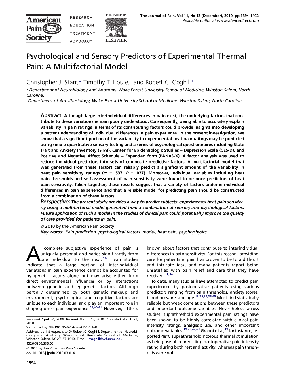 Original ReportPsychological and Sensory Predictors of Experimental Thermal Pain: A Multifactorial Model