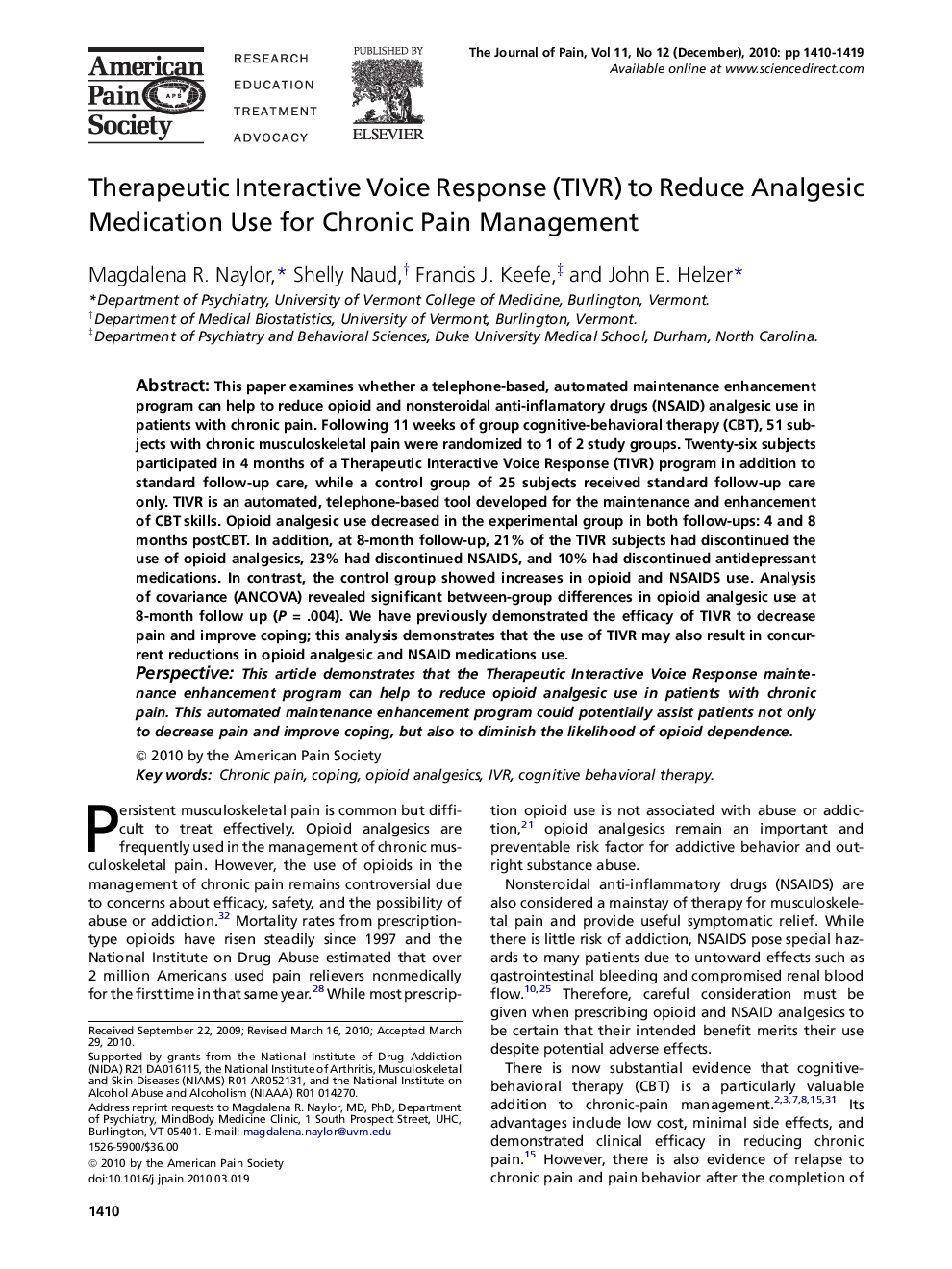 Therapeutic Interactive Voice Response (TIVR) to Reduce Analgesic Medication Use for Chronic Pain Management