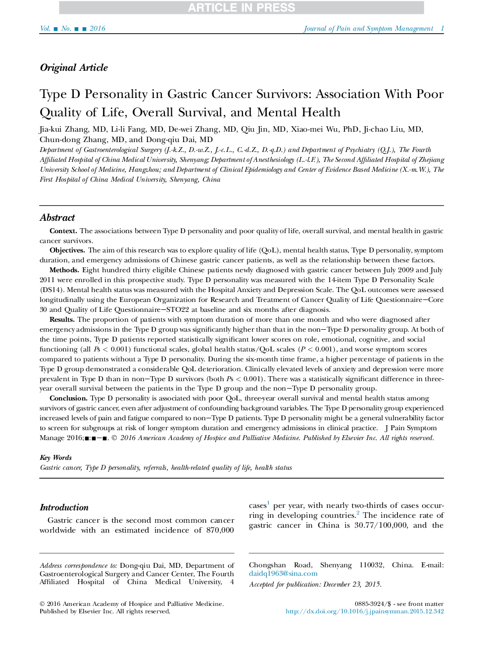 Type D Personality in Gastric Cancer Survivors: Association With Poor Quality of Life, Overall Survival, and Mental Health