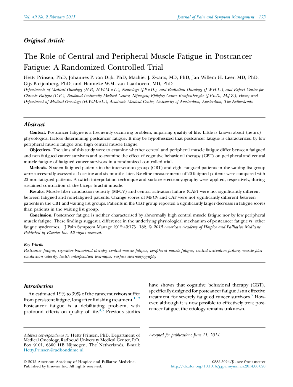 The Role of Central and Peripheral Muscle Fatigue in Postcancer Fatigue: A Randomized Controlled Trial