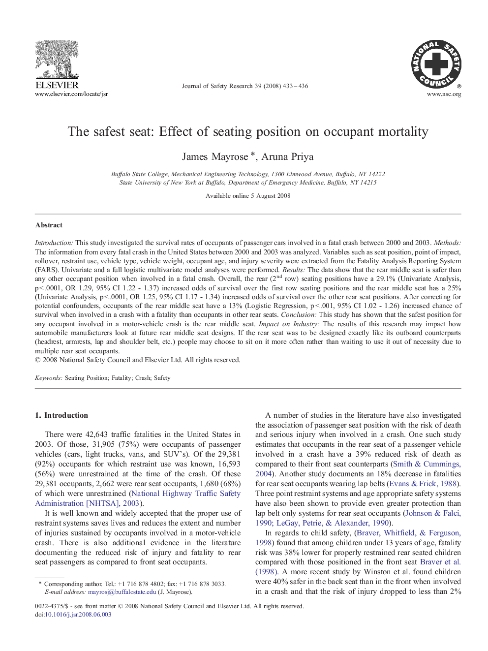 The safest seat: Effect of seating position on occupant mortality