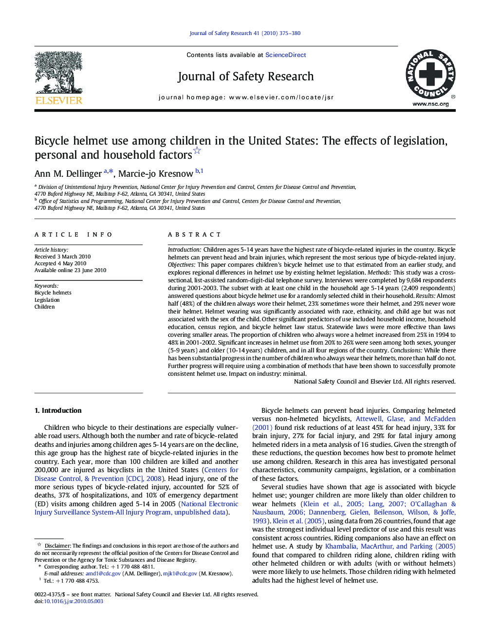 Bicycle helmet use among children in the United States: The effects of legislation, personal and household factors 