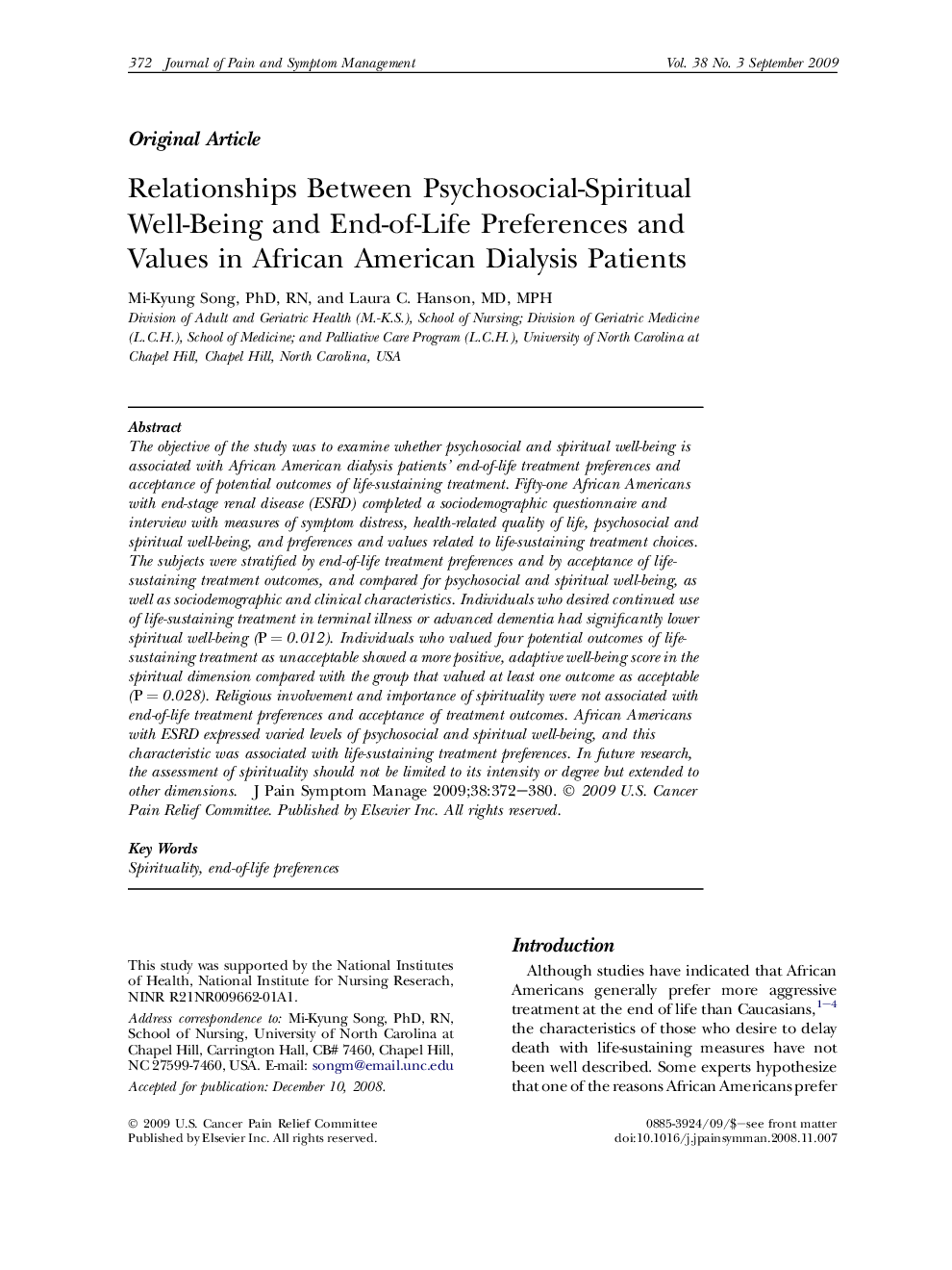 Relationships Between Psychosocial-Spiritual Well-Being and End-of-Life Preferences and Values in African American Dialysis Patients