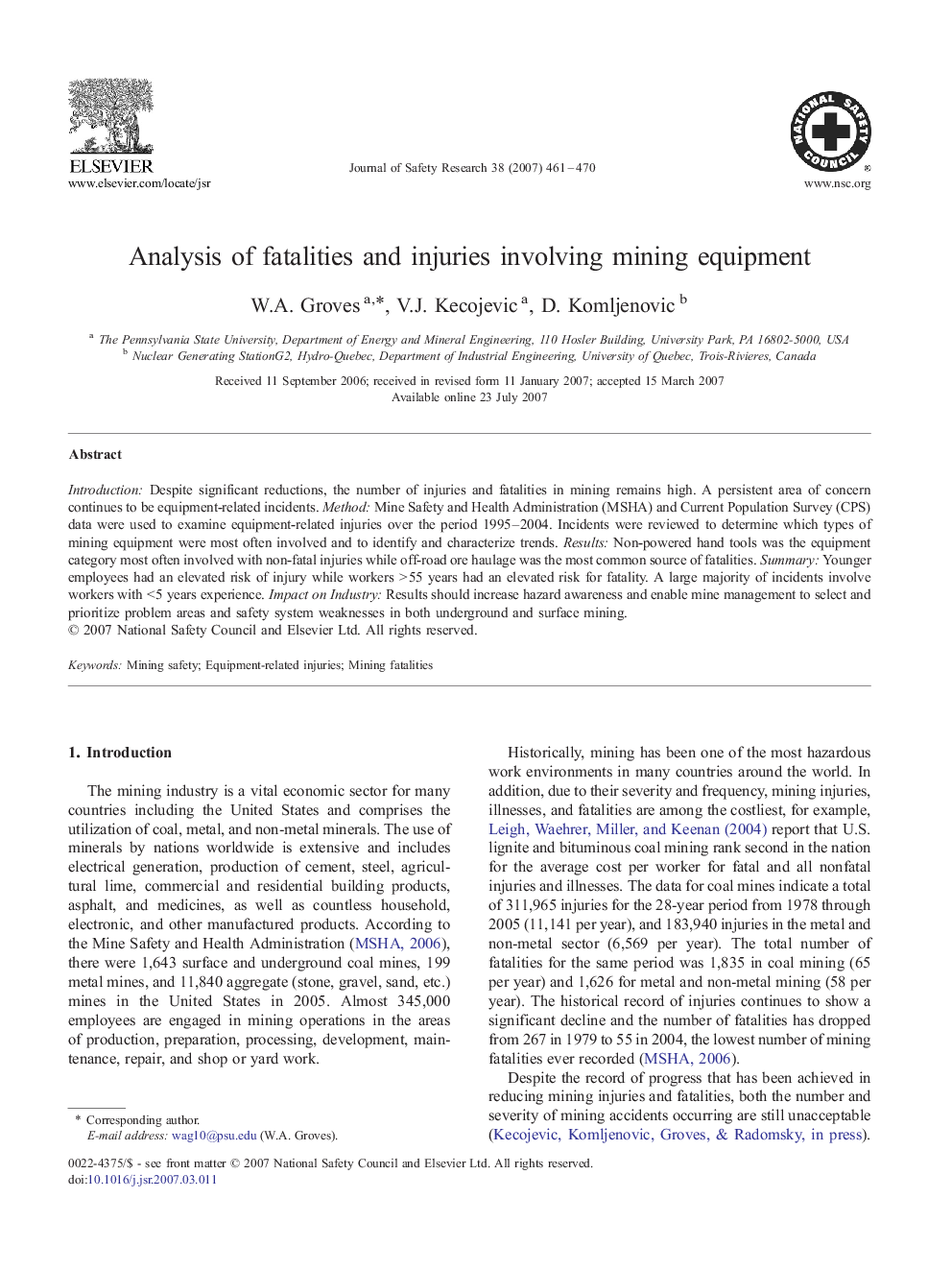 Analysis of fatalities and injuries involving mining equipment