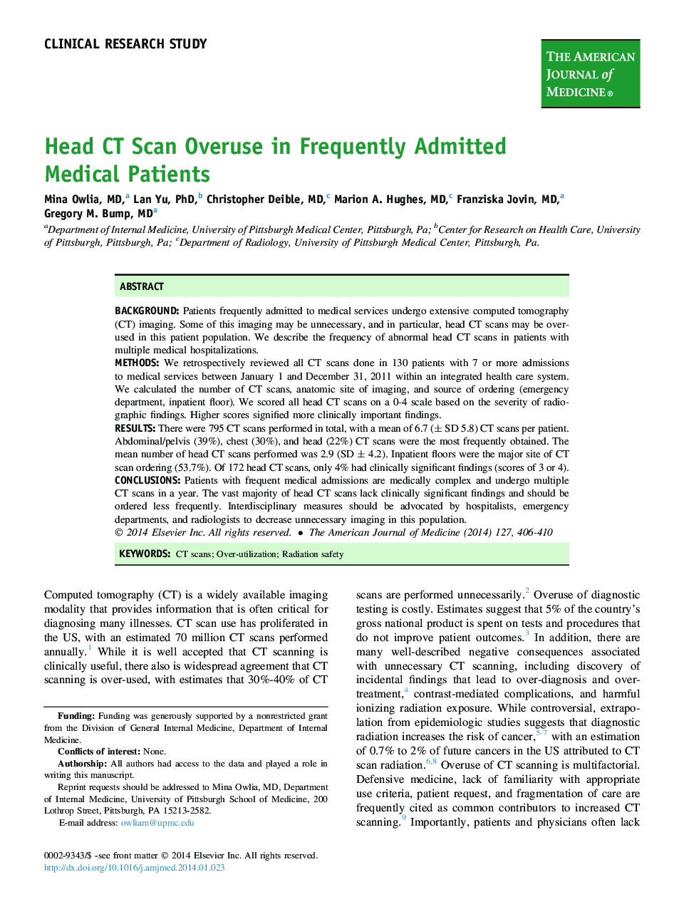 Head CT Scan Overuse in Frequently Admitted Medical Patients