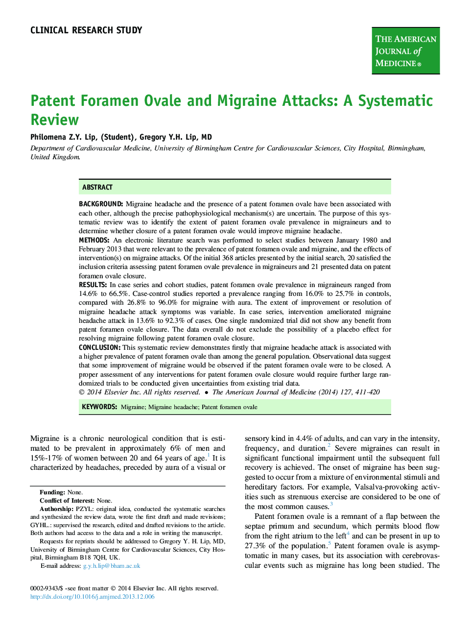 Clinical research studyPatent Foramen Ovale and Migraine Attacks: A Systematic Review