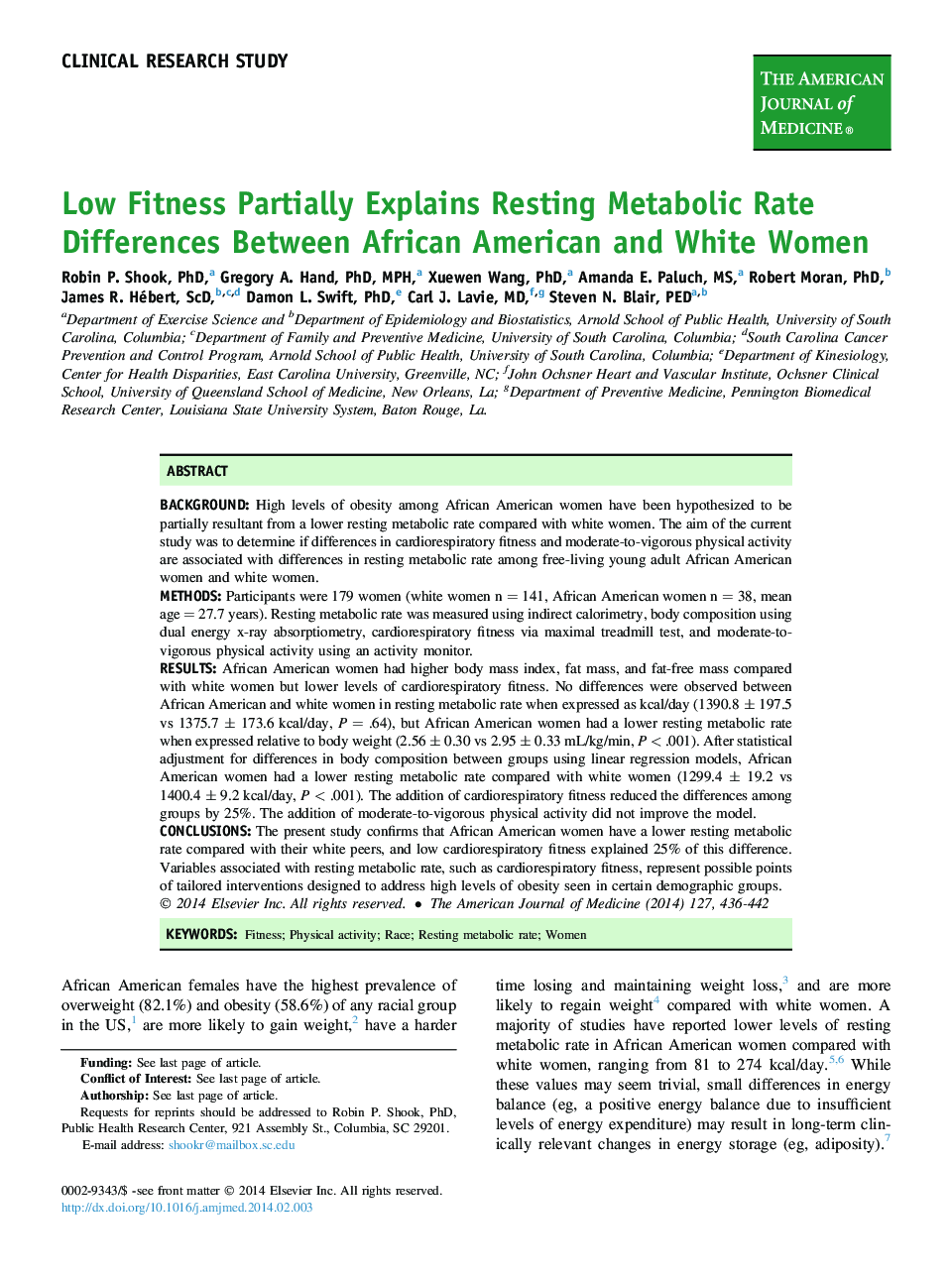 Low Fitness Partially Explains Resting Metabolic Rate Differences Between African American and White Women