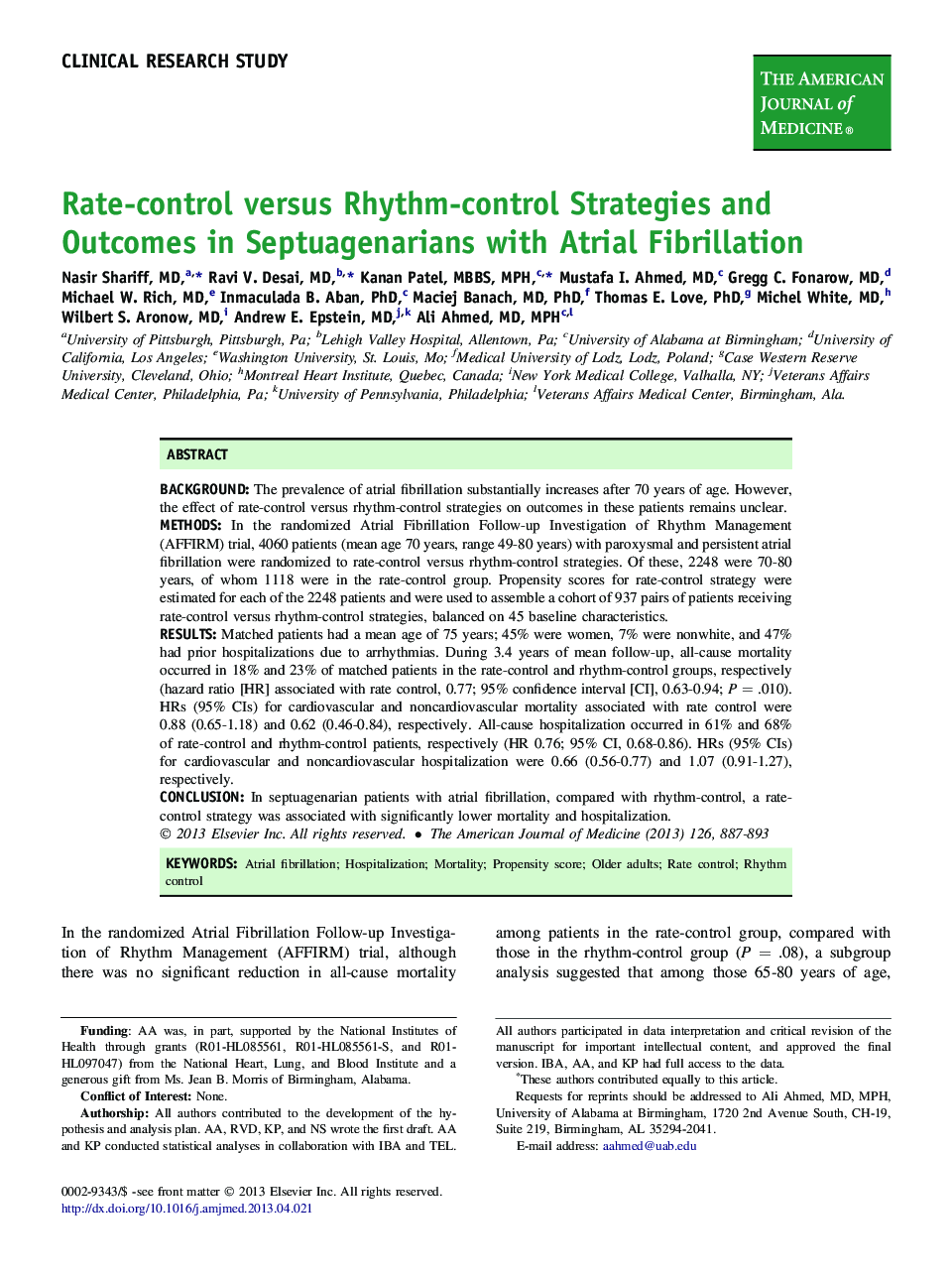 Clinical research studyRate-control versus Rhythm-control Strategies and Outcomes in Septuagenarians with Atrial Fibrillation