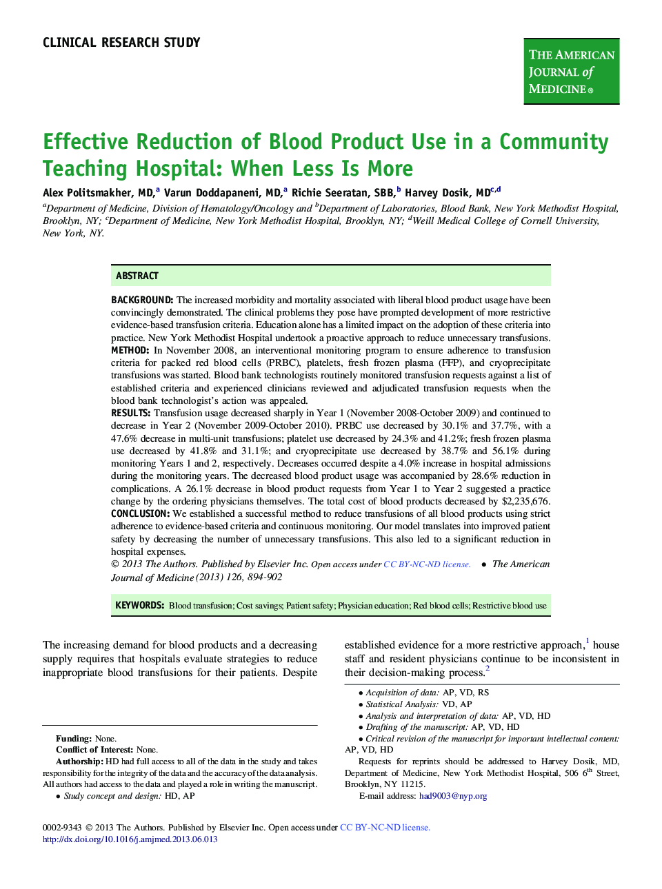 Effective Reduction of Blood Product Use in a Community Teaching Hospital: When Less Is More 