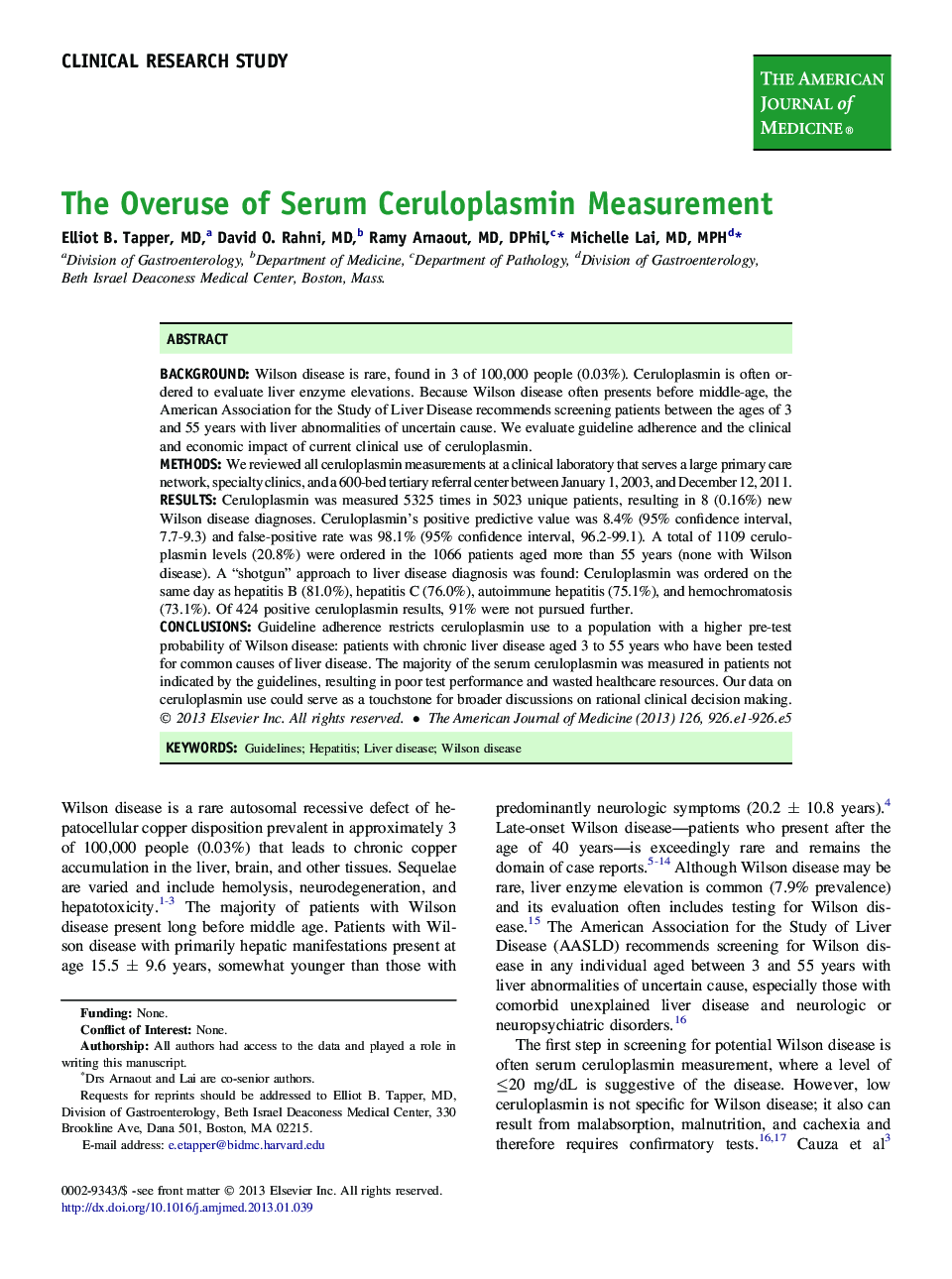 The Overuse of Serum Ceruloplasmin Measurement