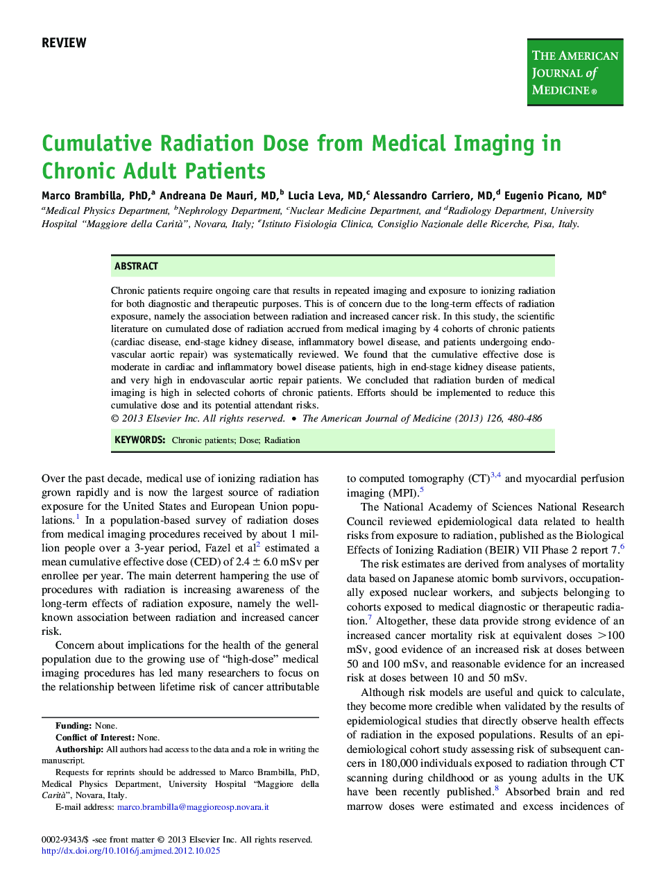 Cumulative Radiation Dose from Medical Imaging in Chronic Adult Patients