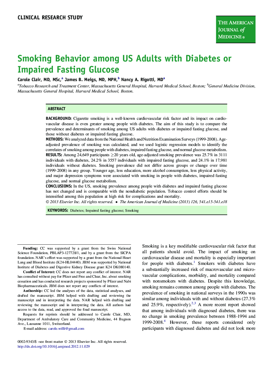 Smoking Behavior among US Adults with Diabetes or Impaired Fasting Glucose