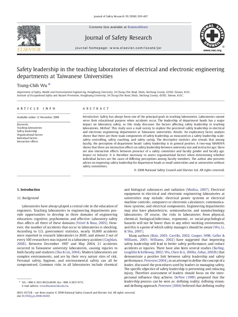 Safety leadership in the teaching laboratories of electrical and electronic engineering departments at Taiwanese Universities