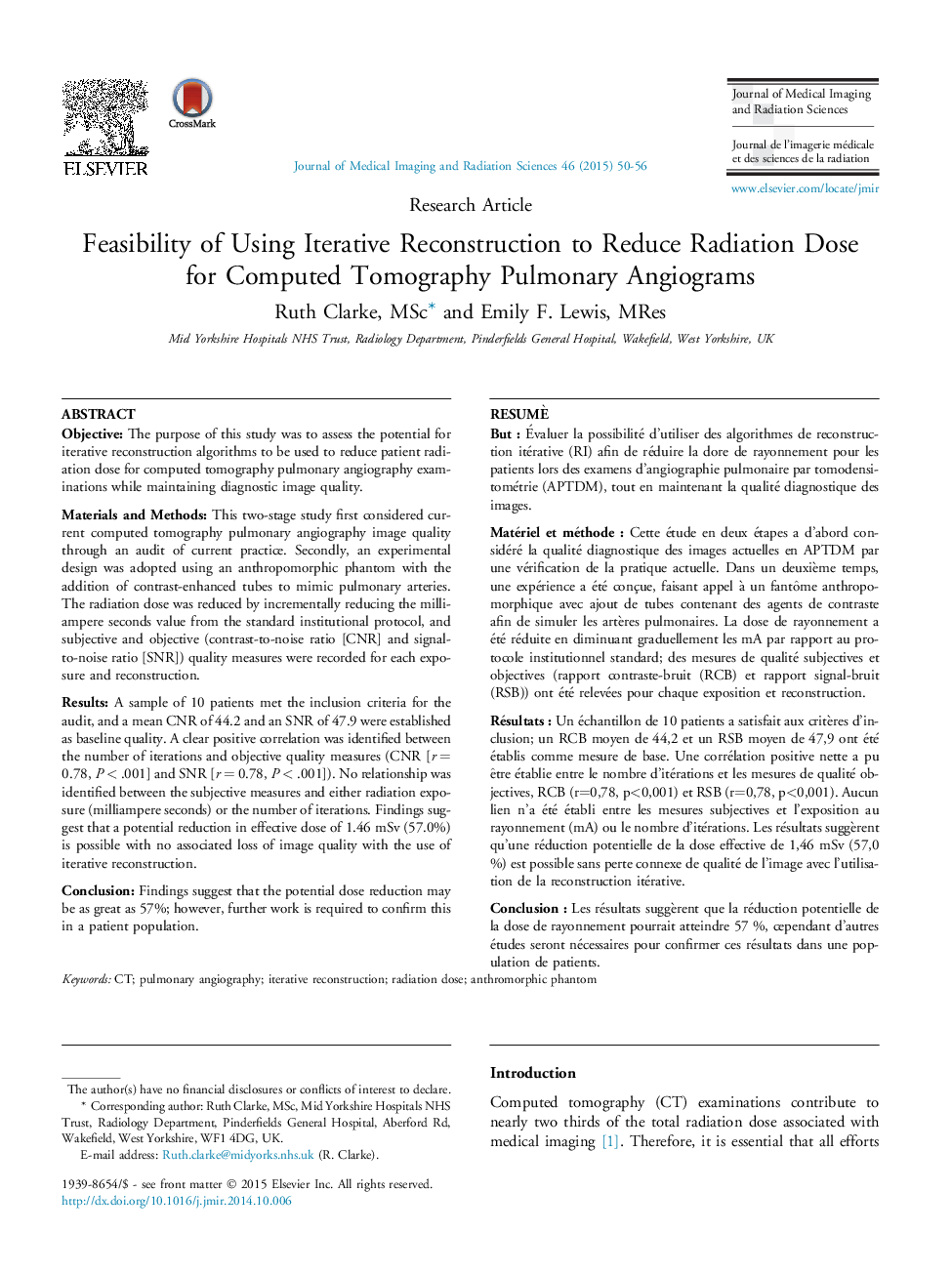 امکان استفاده از بازسازی تندرستی برای کاهش دوز تابش برای آنژیوگرام های ریه ای توموگرافی کامپیوتری 