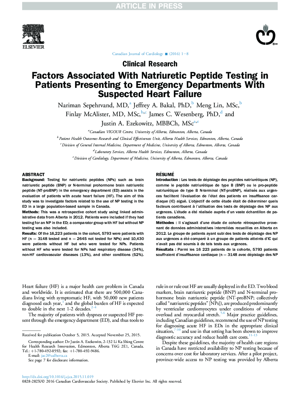 Factors Associated With Natriuretic Peptide Testing in Patients Presenting to Emergency Departments With Suspected Heart Failure