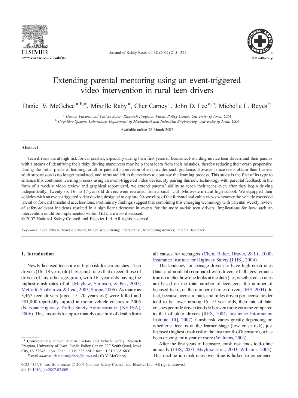 Extending parental mentoring using an event-triggered video intervention in rural teen drivers