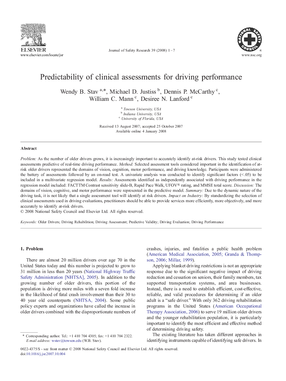 Predictability of clinical assessments for driving performance