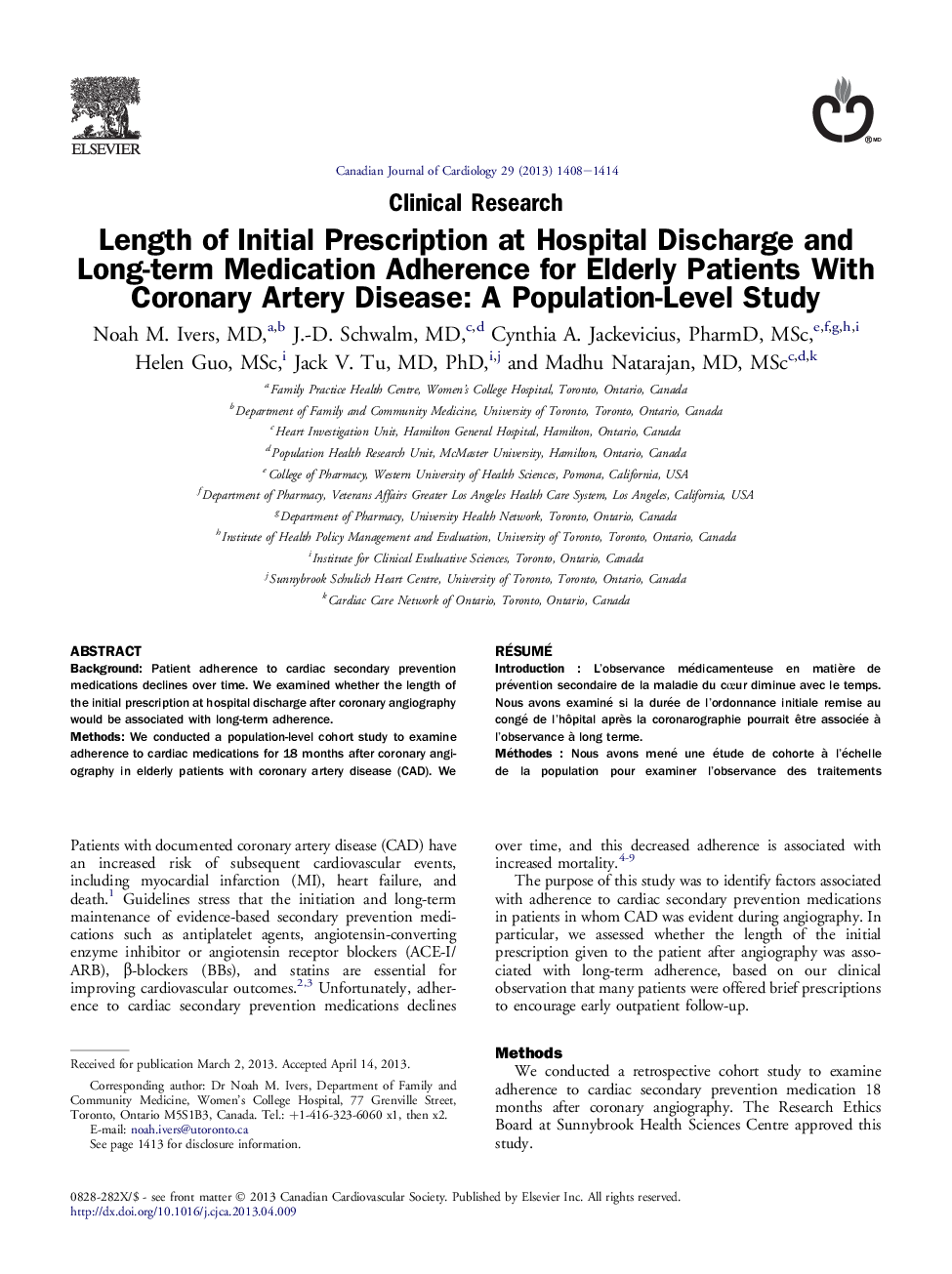 مدت زمان تجویز اولیه در تخلیه بیمارستان و پیگیری طولانی مدت دارو برای بیماران سالمند مبتلا به بیماری عروق کرونر: مطالعه سطح جمعیت 