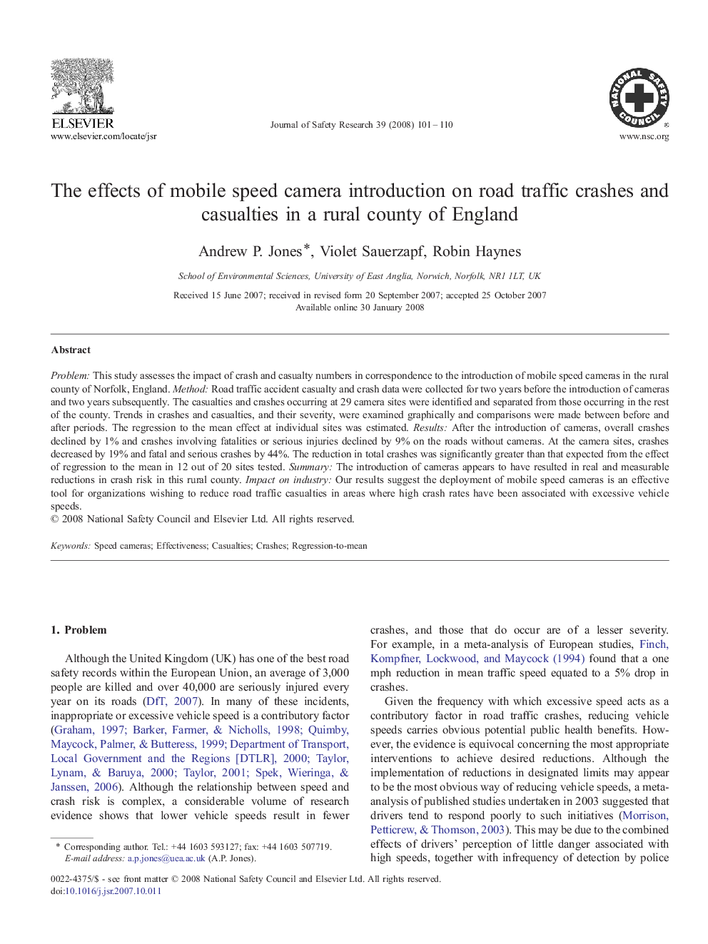 The effects of mobile speed camera introduction on road traffic crashes and casualties in a rural county of England