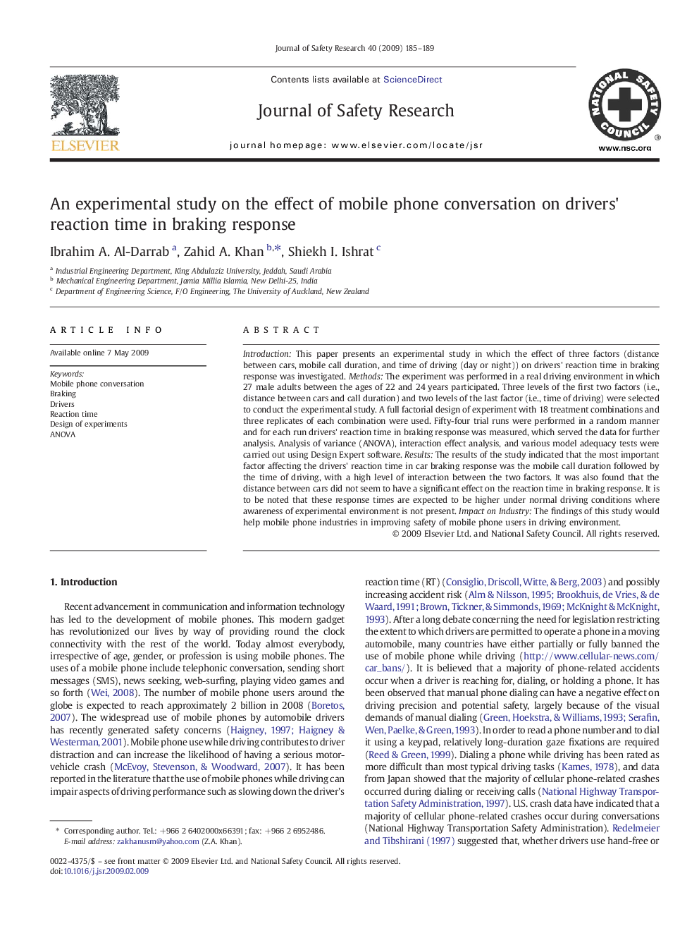 An experimental study on the effect of mobile phone conversation on drivers' reaction time in braking response