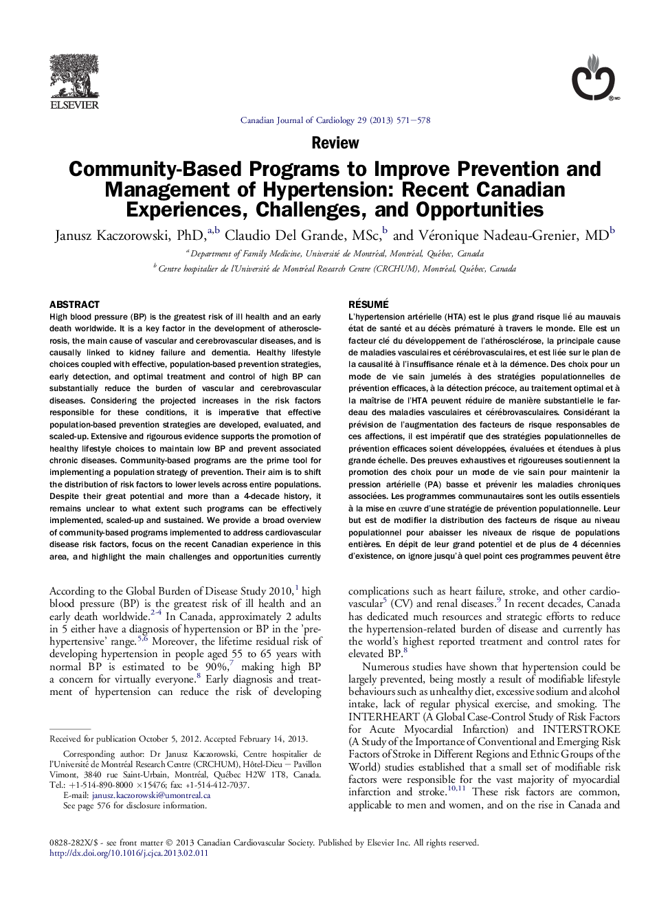 Community-Based Programs to Improve Prevention and Management of Hypertension: Recent Canadian Experiences, Challenges, and Opportunities