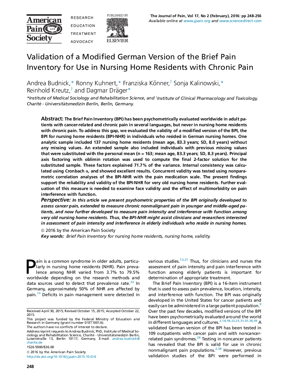 اعتبار یک نسخه اصلاح شده آلمانی مقیاس درد مختصر برای استفاده در خانه های پرستار ساکن با درد مزمن 