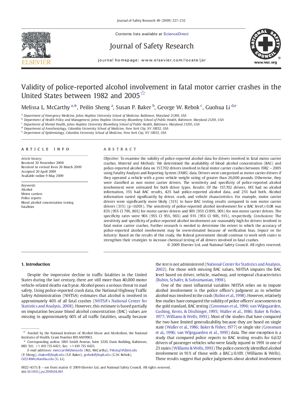 Validity of police-reported alcohol involvement in fatal motor carrier crashes in the United States between 1982 and 2005 