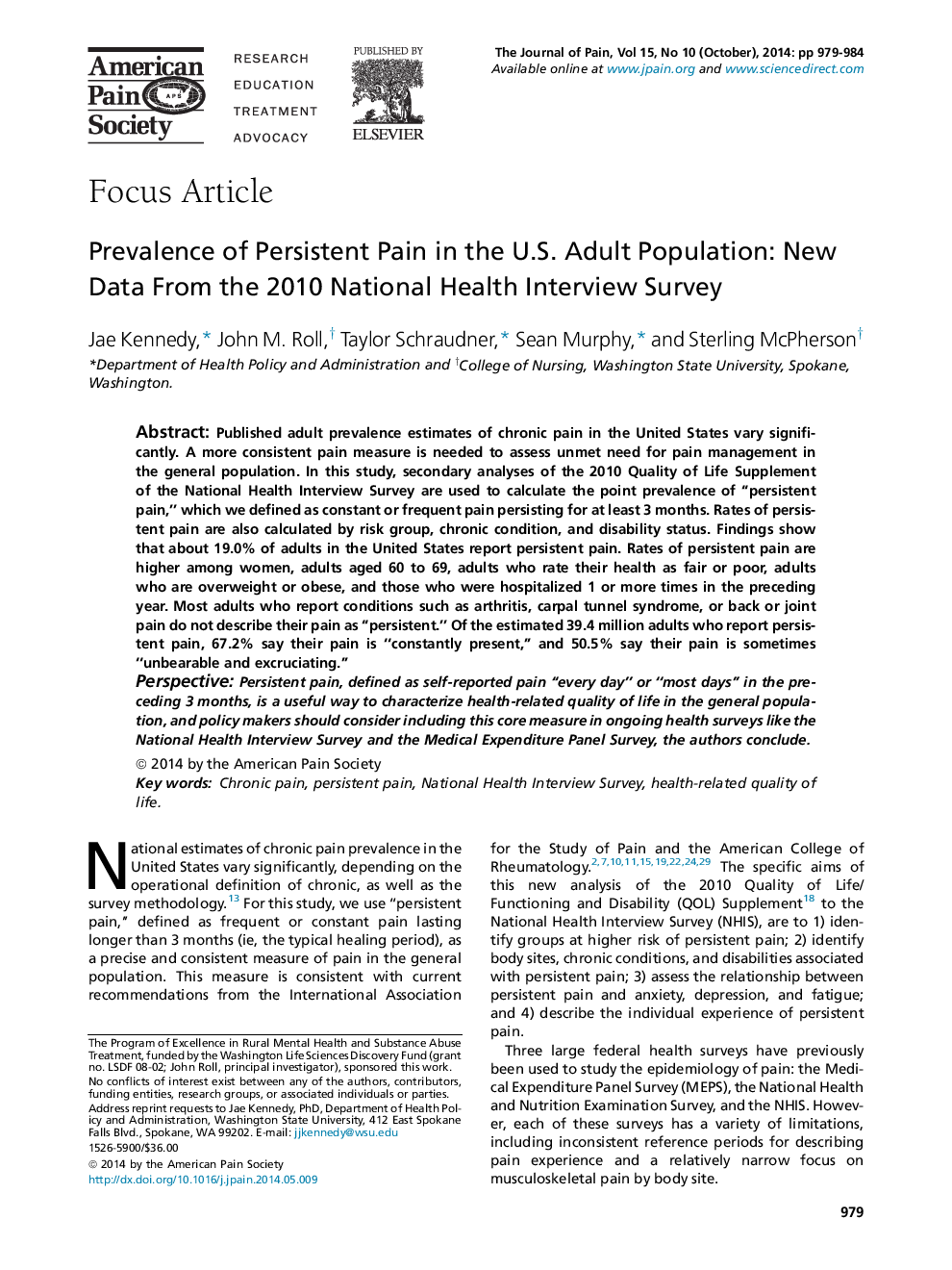 Prevalence of Persistent Pain in the U.S. Adult Population: New Data From the 2010 National Health Interview Survey