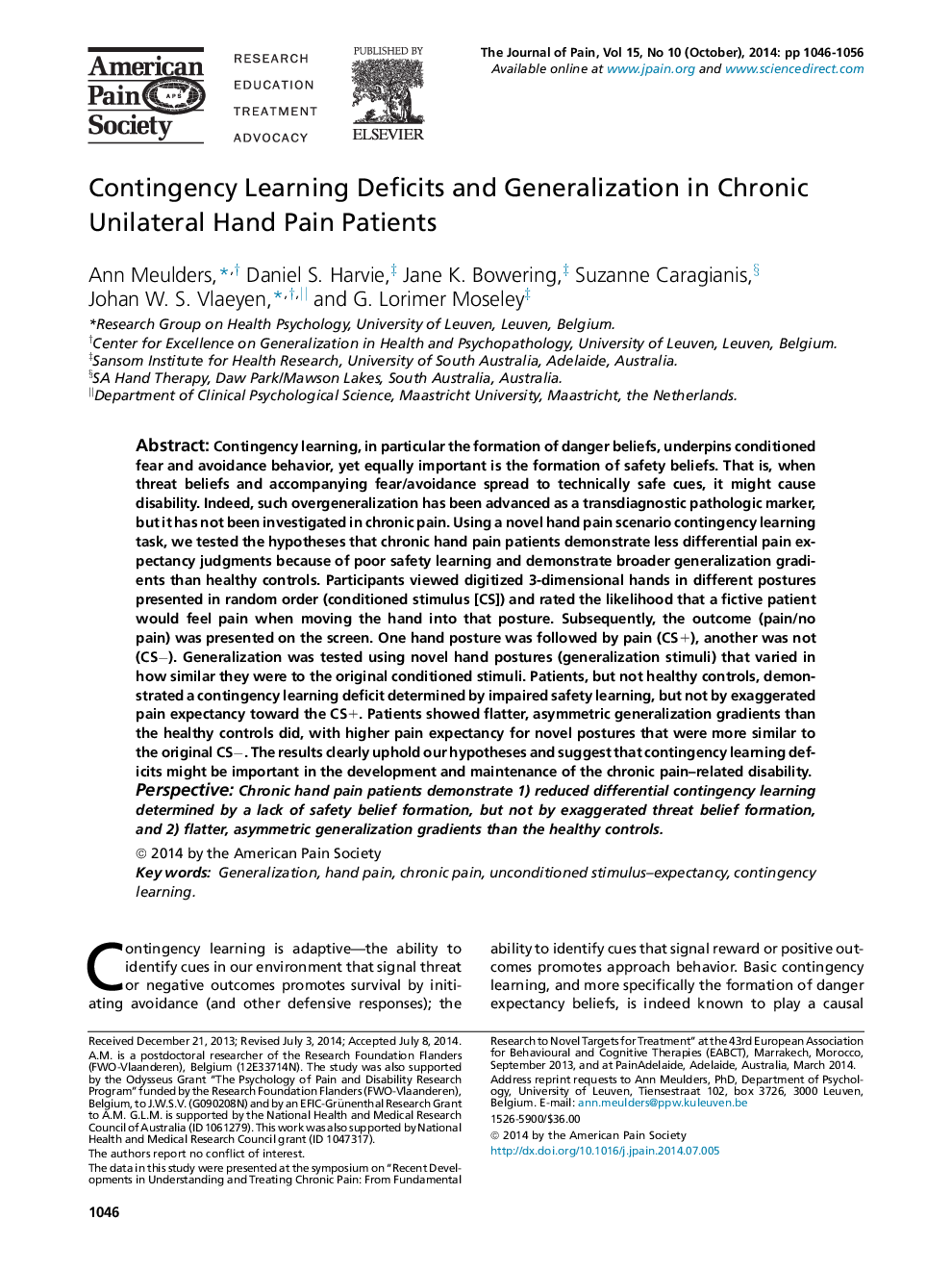 Contingency Learning Deficits and Generalization in Chronic Unilateral Hand Pain Patients