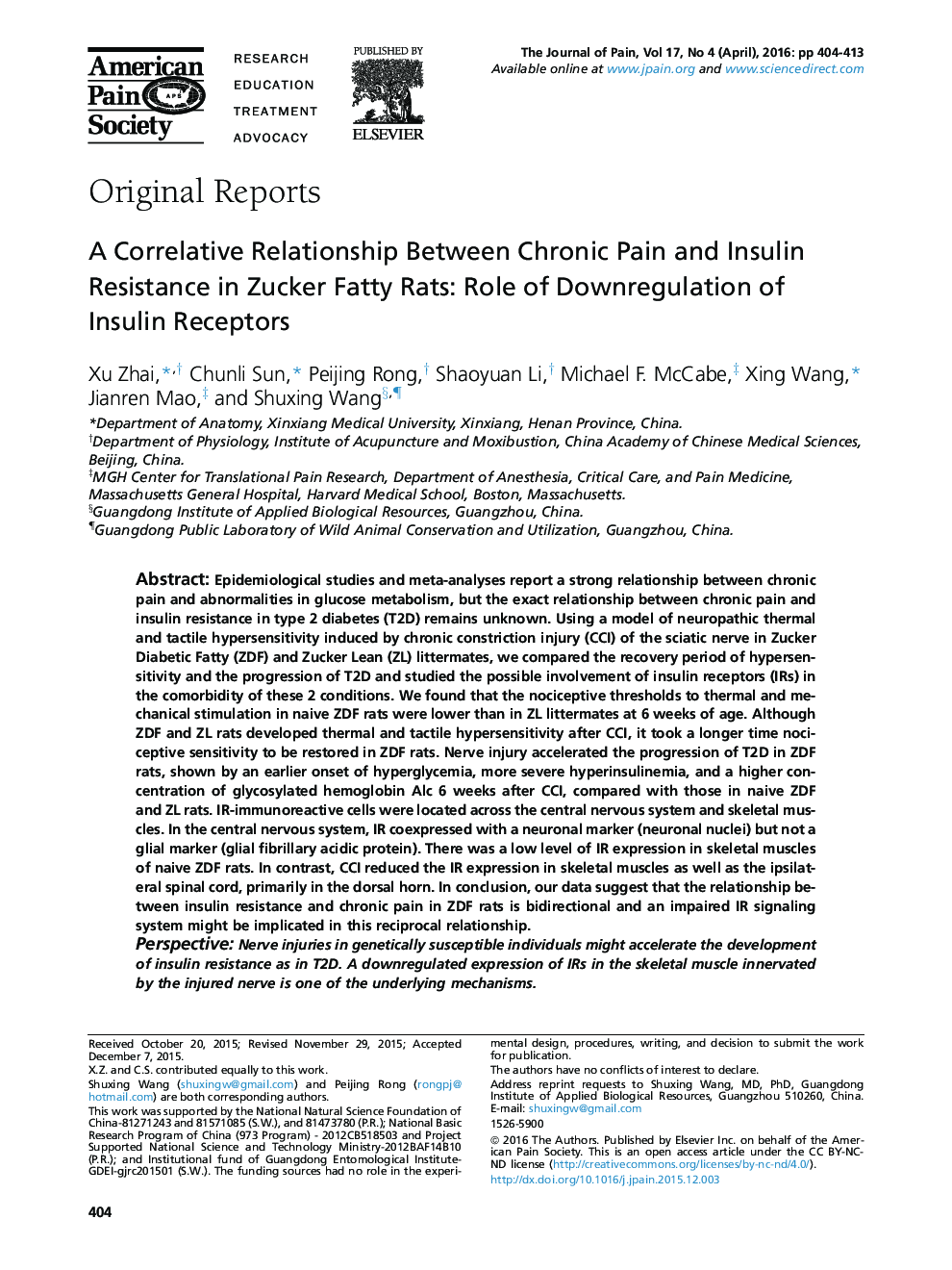 Original ReportA Correlative Relationship Between Chronic Pain and Insulin Resistance in Zucker Fatty Rats: Role of Downregulation of InsulinÂ Receptors