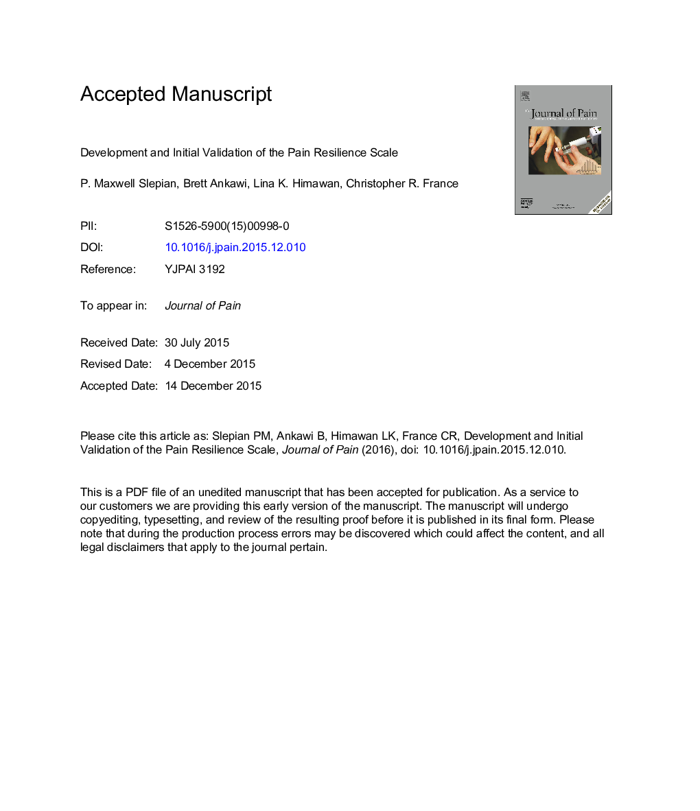 Development and Initial Validation of the Pain Resilience Scale