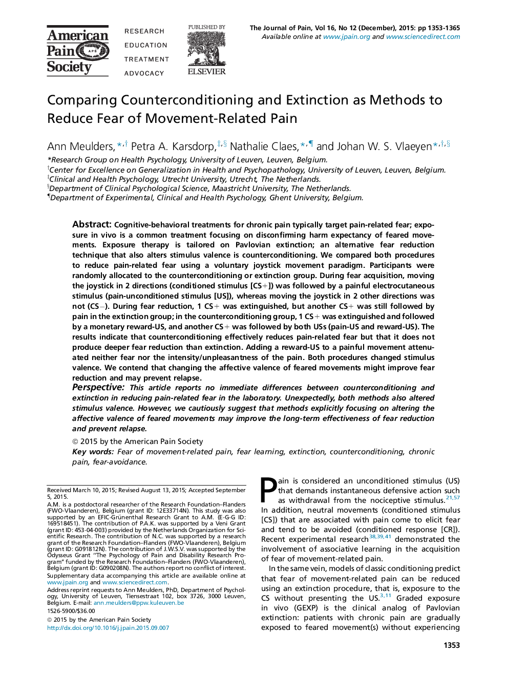 Comparing Counterconditioning and Extinction as Methods to Reduce Fear of Movement-Related Pain