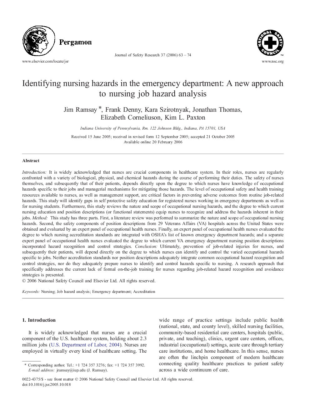 Identifying nursing hazards in the emergency department: A new approach to nursing job hazard analysis