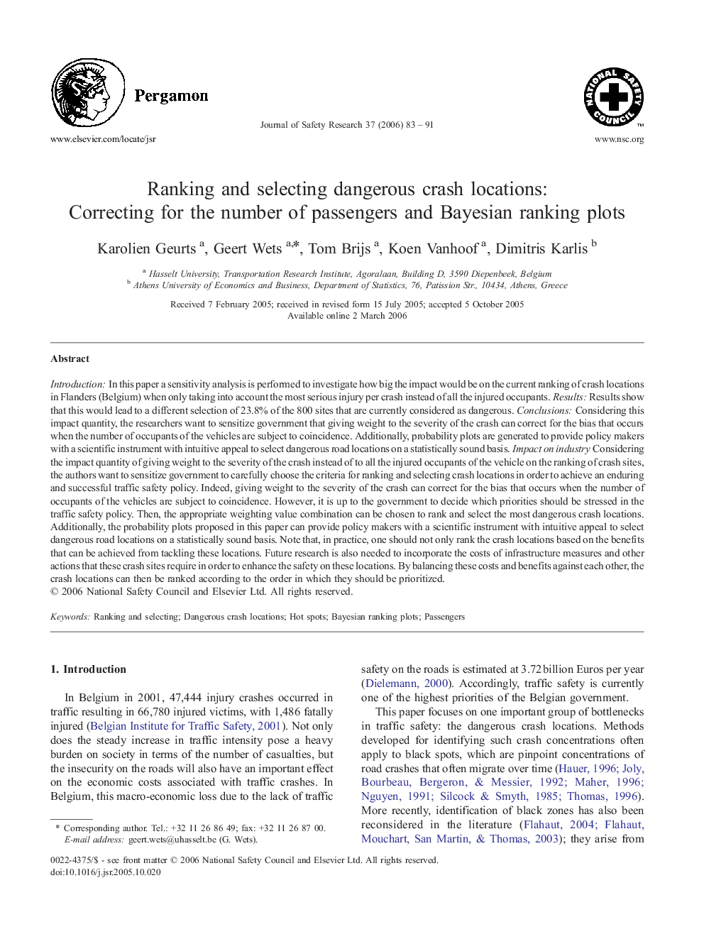 Ranking and selecting dangerous crash locations: Correcting for the number of passengers and Bayesian ranking plots