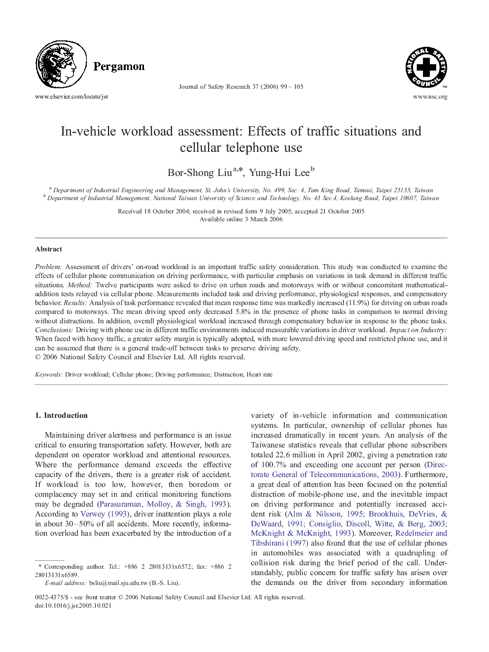 In-vehicle workload assessment: Effects of traffic situations and cellular telephone use