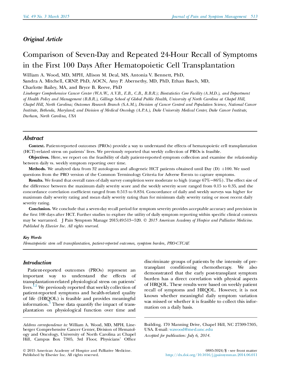 Comparison of Seven-Day and Repeated 24-Hour Recall of Symptoms in the First 100Â Days After Hematopoietic Cell Transplantation